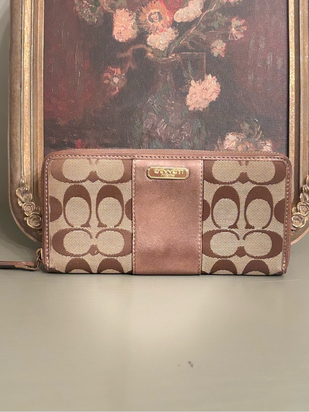COACH Signature Zip Wallet in Rose Gold